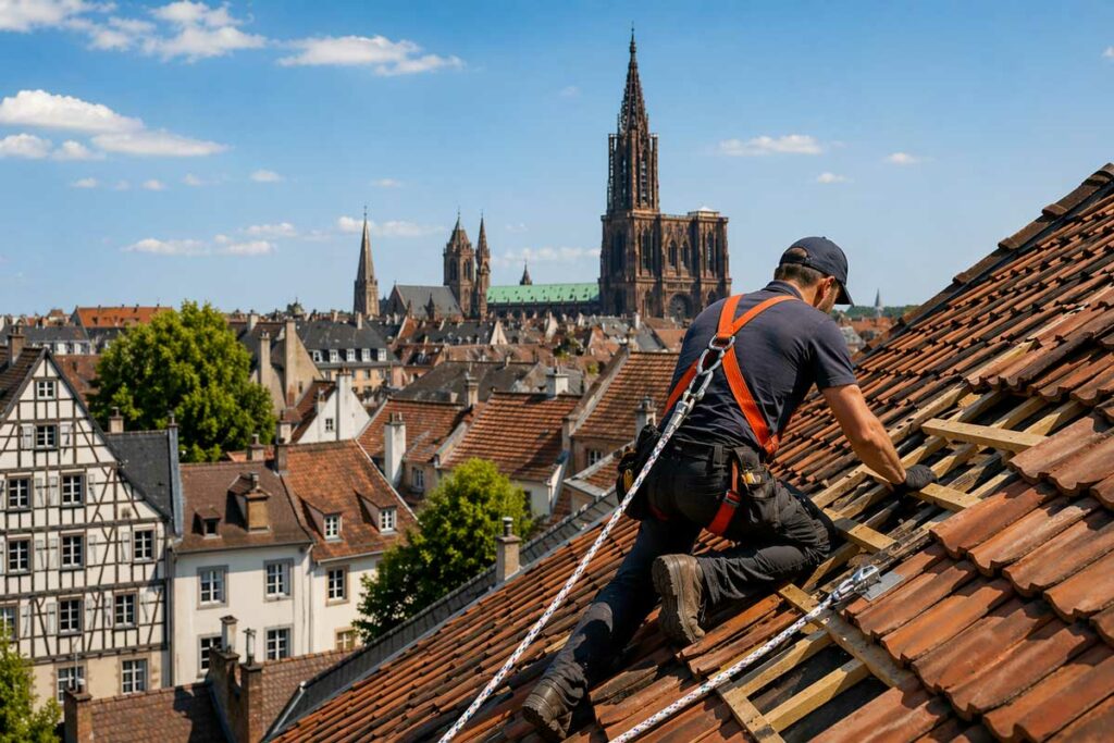 Artisan couvreur à Strasbourg travaillant sur un toit en pente avec harnais de sécurité et vue sur la cathédrale de Strasbourg